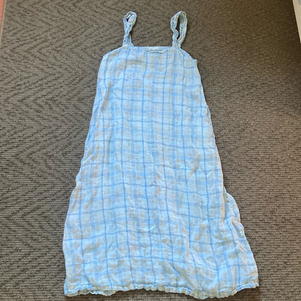 CP Shades Women's Angie Sundress Midi Dress Blue Plaid Linen Small 4913-228